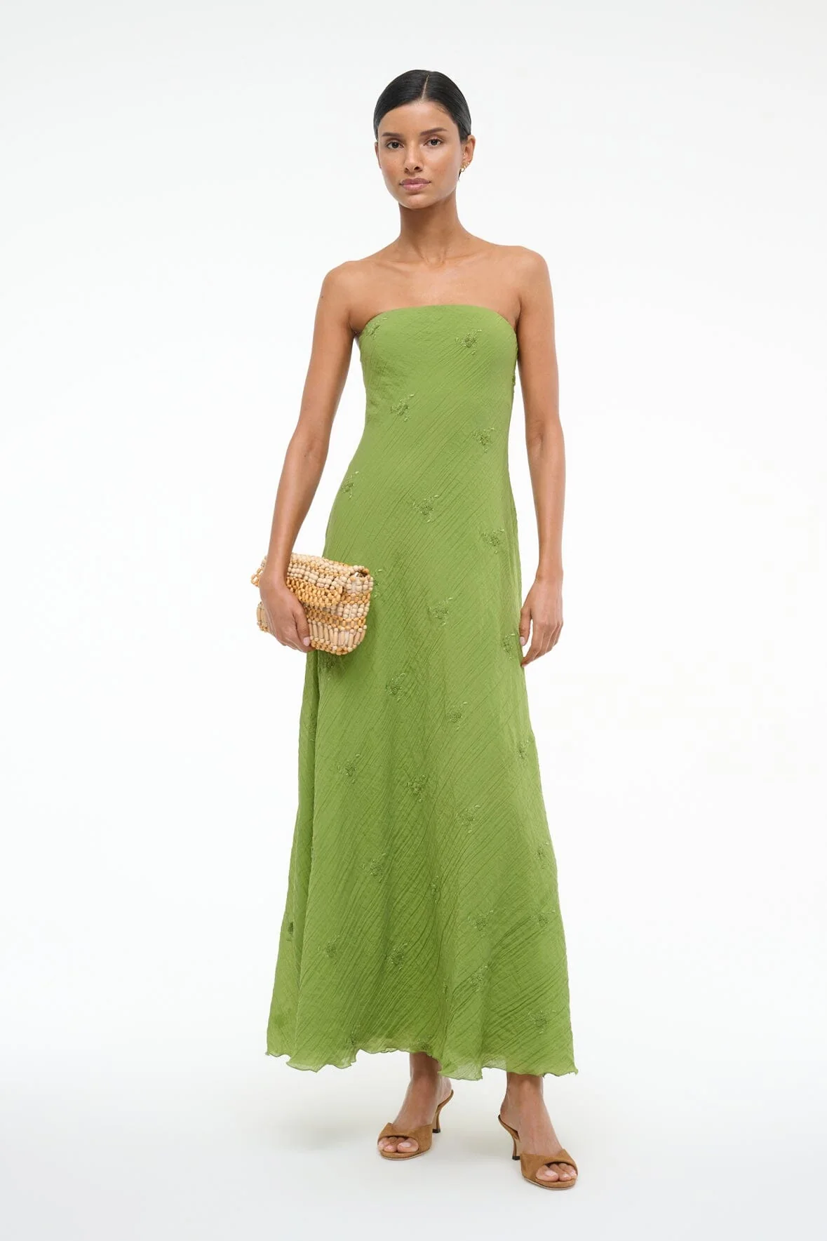 STAUD Cassie Dress Garden Green strapless dress.