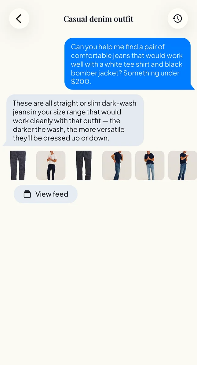 Plaza chat search for a casual denim outfit with recommended jeans.